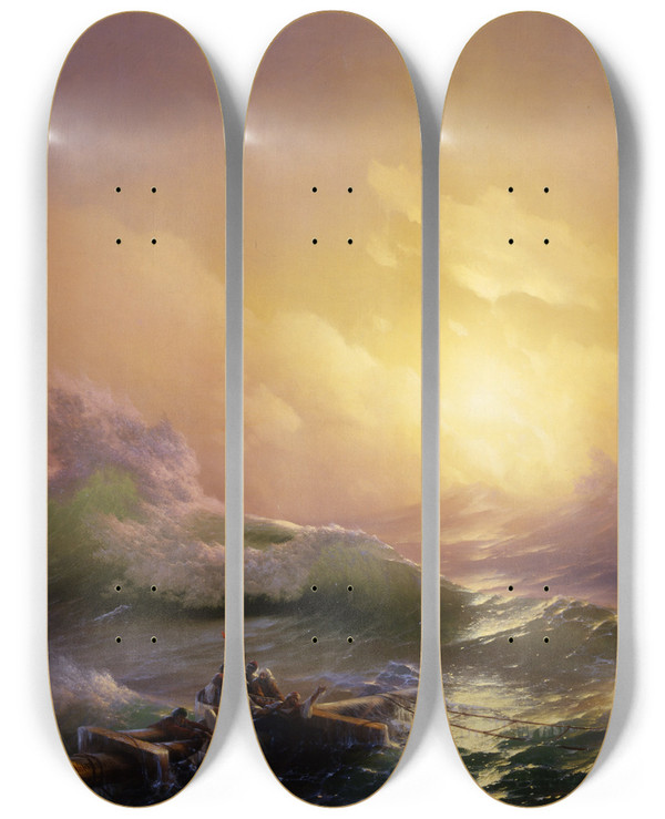 Triptych art skateboard deck of Ivan Konstantinovich Aivazovsky The Ninth Wave by Ivan Konstantinovich Aivazovsky (1817-1900)