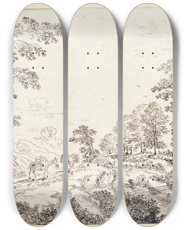 Triptych art skateboard deck of Cornelis Matthieu Landskab Med En Muldyrdriver by Cornelis Matthieu