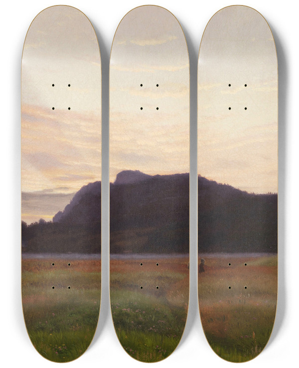 Triptych art skateboard deck of Vilhelm Kyhn Young Couple In The Blooming Clover Field by Vilhelm Kyhn (1819-1903)