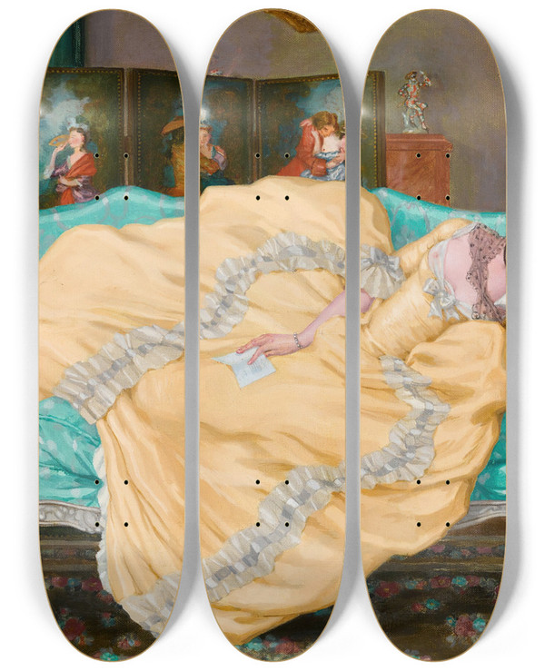 Triptych art skateboard deck of Konstantin Andreevich Somov Sleeping Lady In A Room by Konstantin Andreevich Somov (1869-1939)