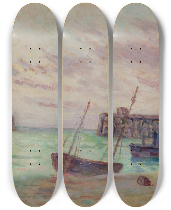 Triptych art skateboard deck of Maximilien Luce Le Entre Du Port by Maximilien Luce (1858-1941)