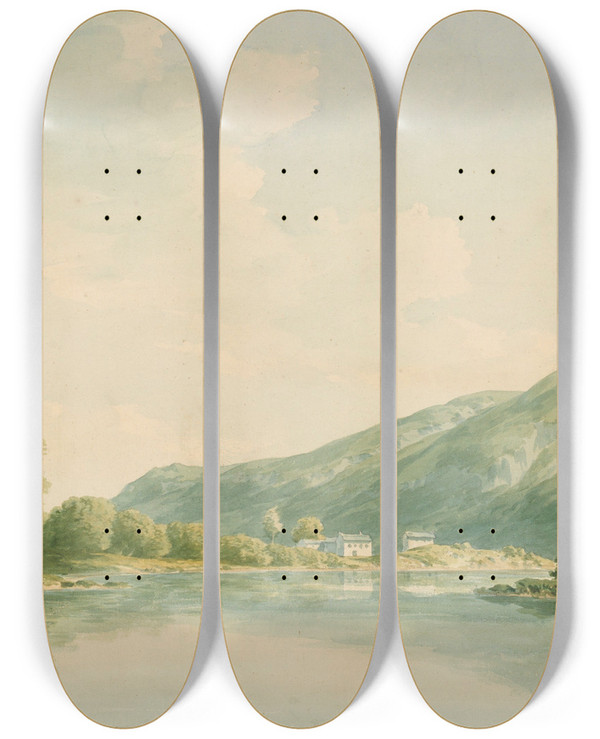 Triptych art skateboard deck of John Warwick Smith The Lower End Of Lake Windermere by John Warwick Smith (1749-1831)
