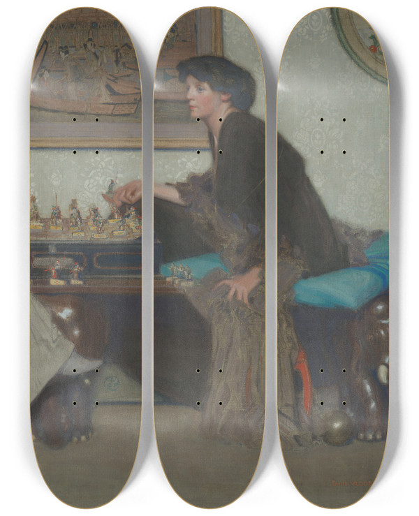 Triptych art skateboard deck of Emile Vloors The Chess Game by Emile Vloors (1871-1952)