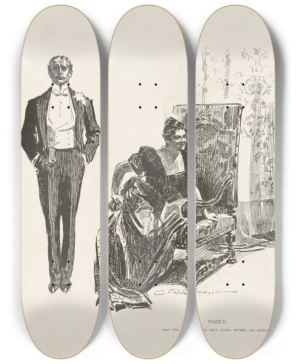 Triptych art skateboard deck of Charles Dana Gibson Puzzle Find The Girl Who Has Been Kissed Within Ten Minutes_1 by Charles Dana Gibson (1867-1944)