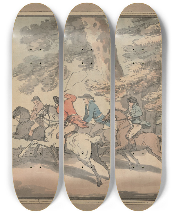 Triptych art skateboard deck of Thomas Rowlandson Hunt Scene by Thomas Rowlandson (1756-1827)