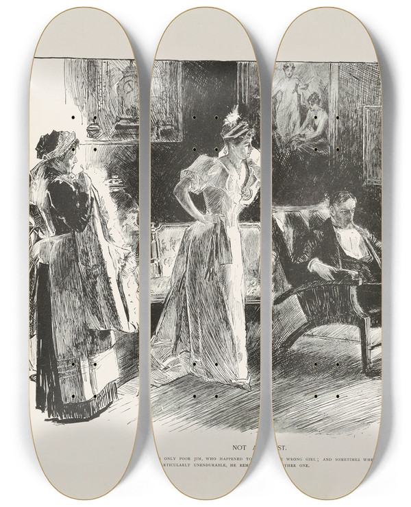 Triptych art skateboard deck of Charles Dana Gibson Not A Ghost_1 by Charles Dana Gibson (1867-1944)