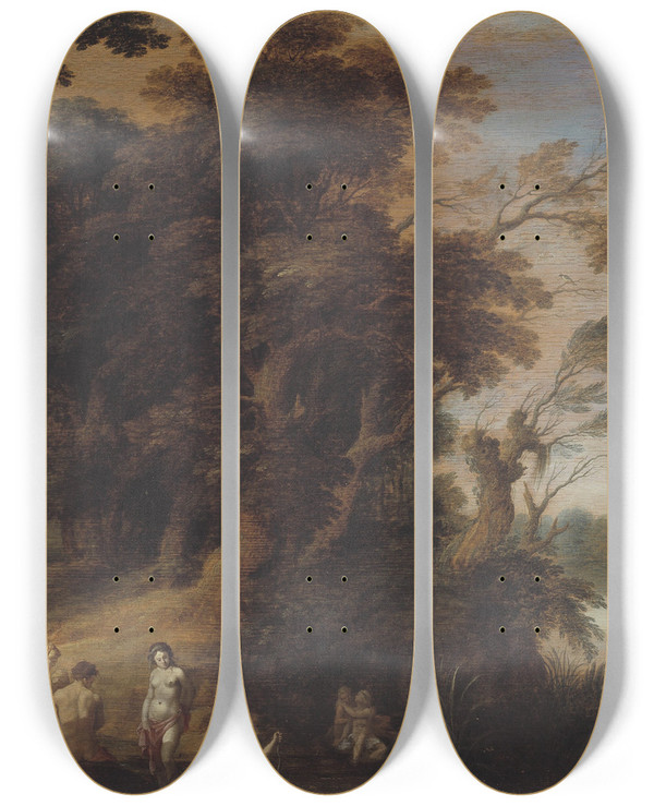 Triptych art skateboard deck of Alexander Keirincx Wooded Landscape With Bathing Nymps by Alexander Keirincx (1600-1652)