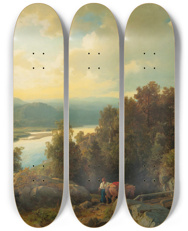 Triptych art skateboard deck of Hans Gude A Lakeside Landscape by Hans Gude (1825-1903)