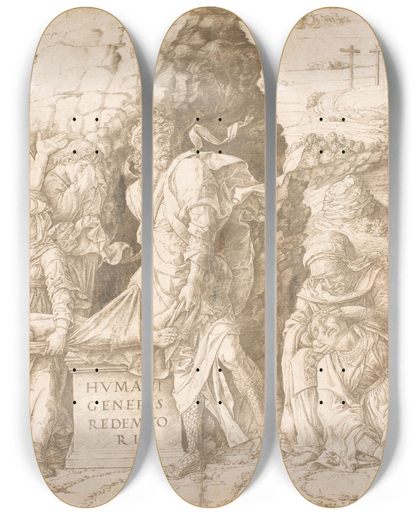 Triptych art skateboard deck of Andrea Mantegna Gravlggelsen by Andrea Mantegna (1431-1506)