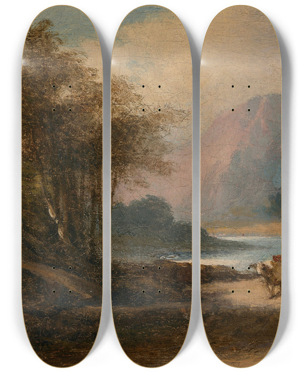 Triptych art skateboard deck of George Chinnery A Landscape In Macau With A Herdsman By A Lake by George Chinnery (1774-1852)
