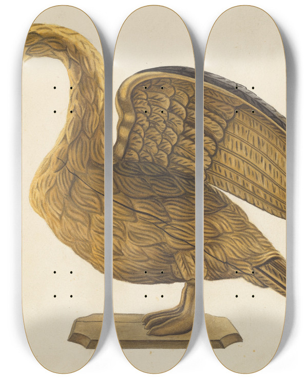 Triptych art skateboard deck of Sumner Merrill Carved Goose by Sumner Merrill
