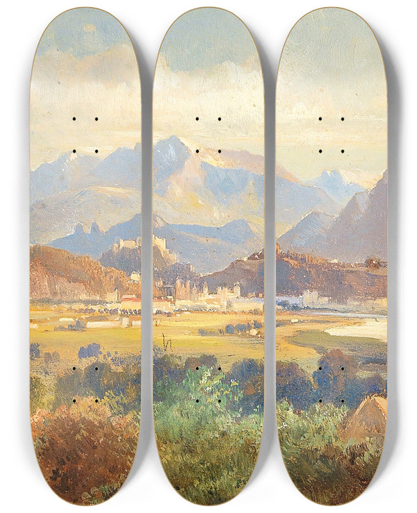 Triptych art skateboard deck of Friedrich Zeller View Of Salzburg by Friedrich Zeller (1817-1896)