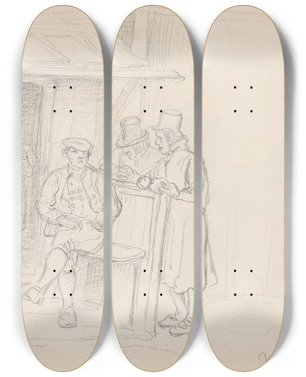 Triptych art skateboard deck of Adolph Tidemand Figurscene Ns by Adolph Tidemand (1814-1876)
