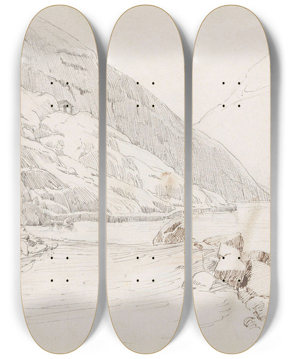 Triptych art skateboard deck of Adolph Tidemand Fra Lrdal by Adolph Tidemand (1814-1876)