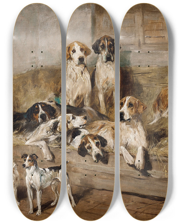 Triptych art skateboard deck of John Emms Hounds And Terriers In A Stable by John Emms (1843-1912)