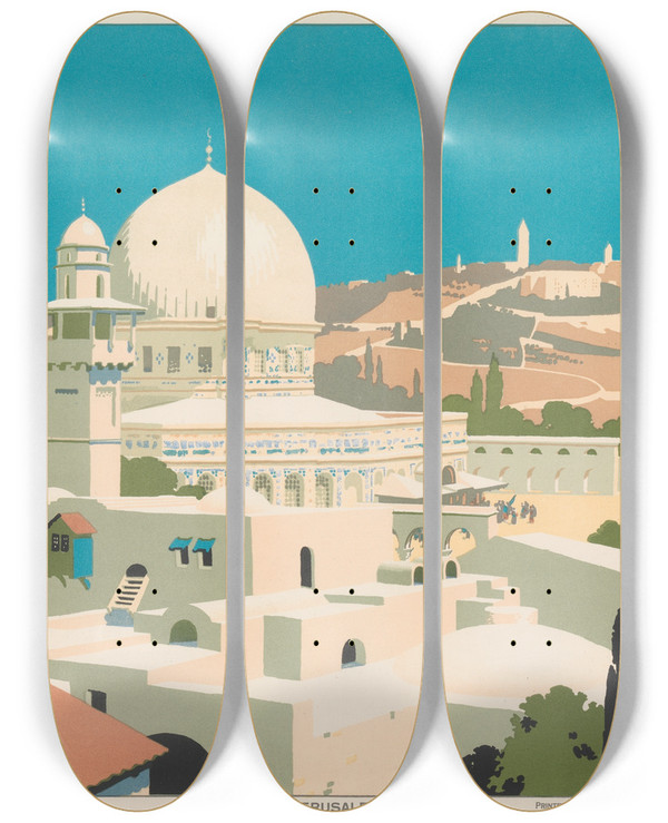 Triptych art skateboard deck of Frank Newbould Jerusalem by Frank Newbould (1887-1951)