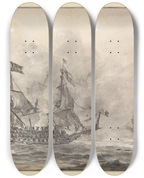 Triptych art skateboard deck of Reinier Nooms Navalbattle by Reinier Nooms (1623-1667)
