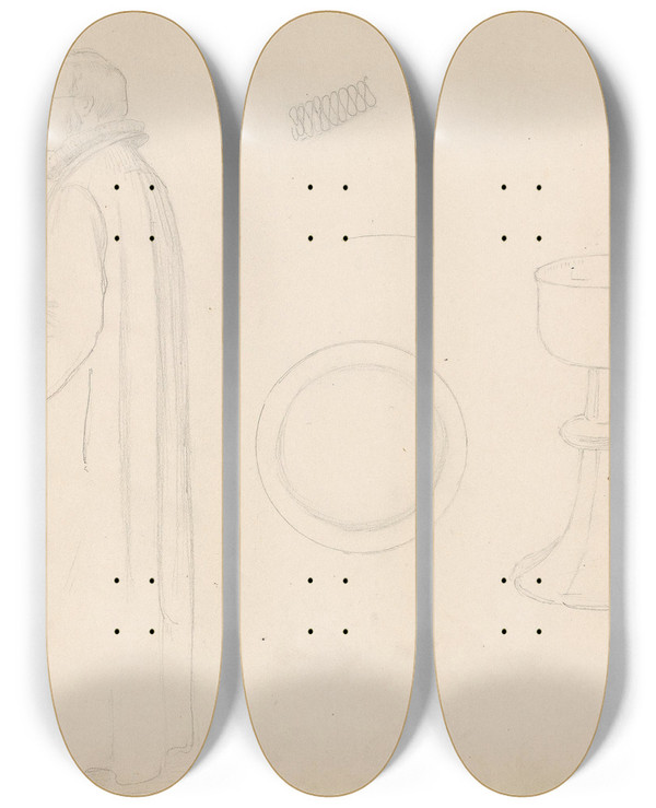 Triptych art skateboard deck of Adolph Tidemand Vilhelm Birkedal I Prestekappe Disk Og Kalk by Adolph Tidemand (1814-1876)