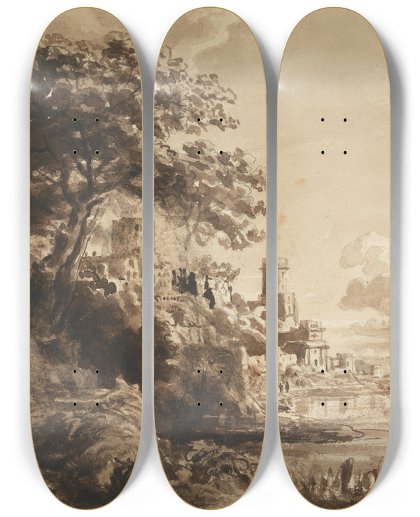Triptych art skateboard deck of Cornelius Varley Landscape With Castle by Cornelius Varley (1781-1873)