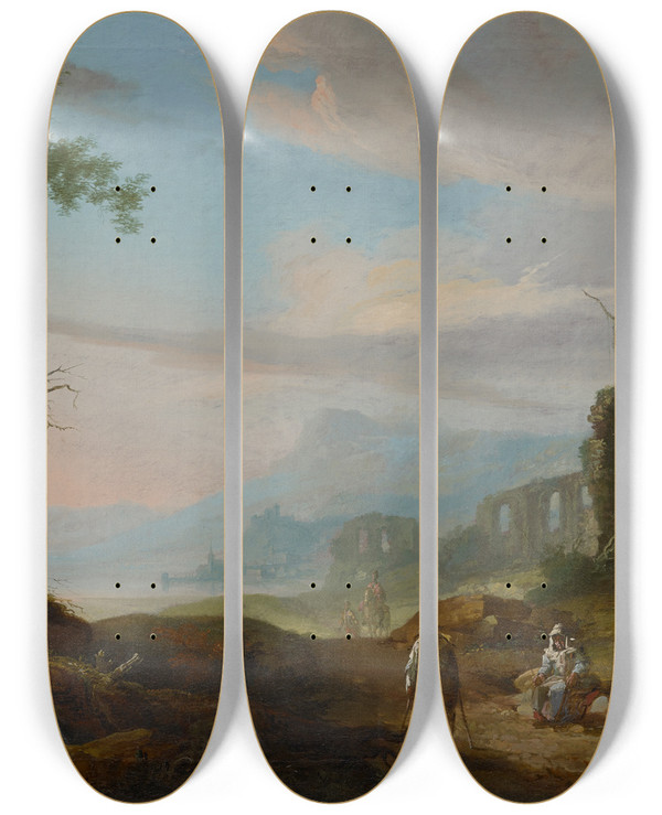 Triptych art skateboard deck of Caspar Wolf Landscape With Ruins by Caspar Wolf (1735-1783)