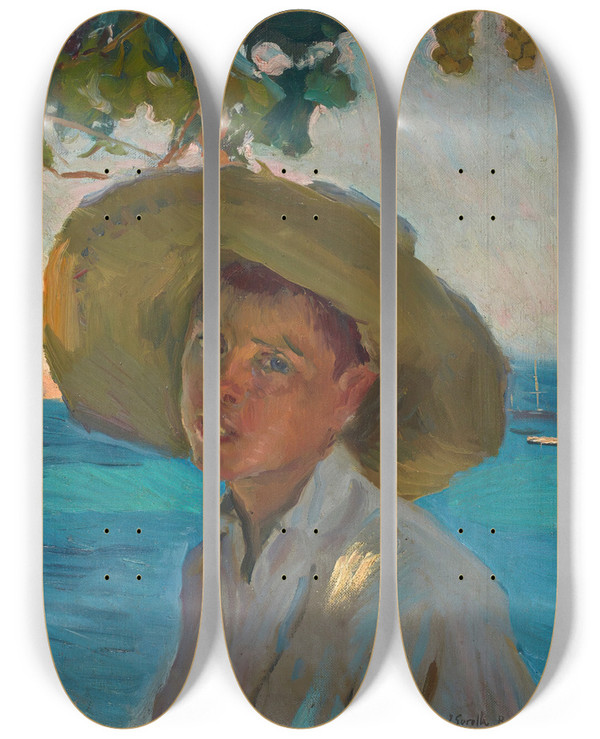 Triptych art skateboard deck of Joaqun Sorolla Chico Con Sombrero Jveaboy With Sombrero Jvea by Joaquin Sorolla (1863-1923)