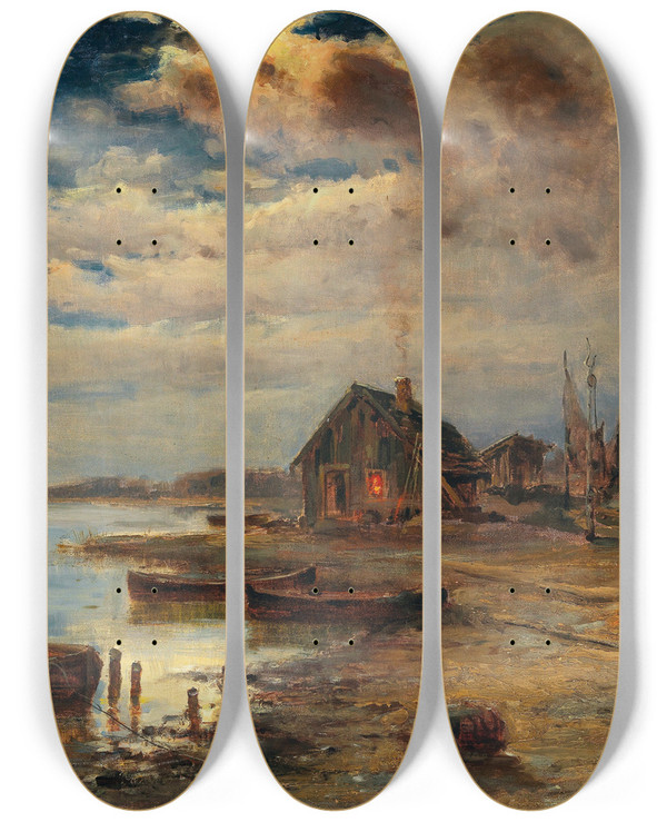 Triptych art skateboard deck of Julius Sergius Klever Scene At Dusk On The Baltic Coast by Julius Sergius Klever (1850-1924)