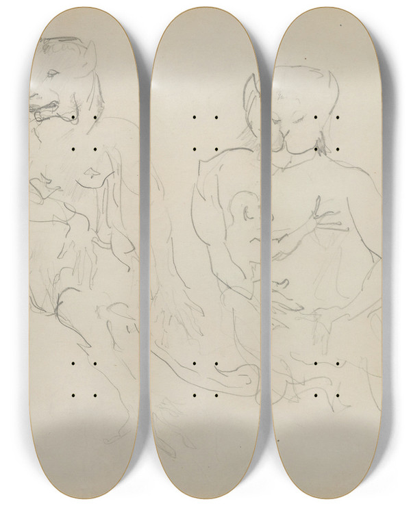 Triptych art skateboard deck of Henri De Toulouselautrec Croquis Charge by Henri de Toulouse-Lautrec (1864-1901)
