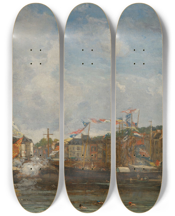 Triptych art skateboard deck of Eugne Boudin Fte Dans Le Bassin Dhonfleur by Eugene Boudin (1824-1898)
