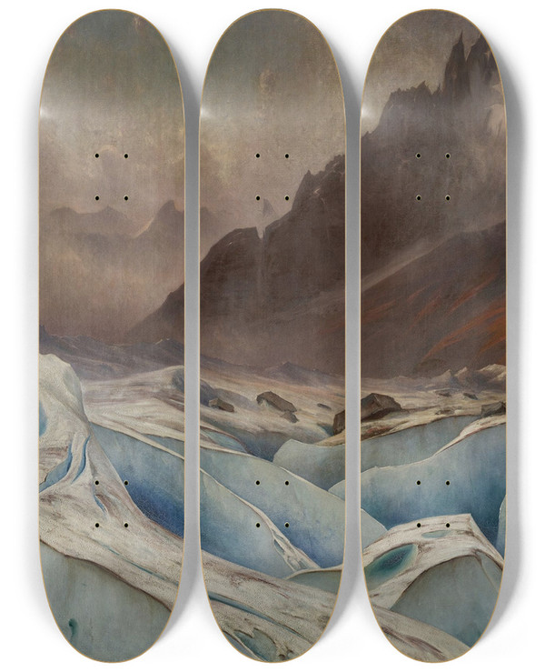 Triptych art skateboard deck of Gabriel Lopp La Mer De Glace Et Les Grands Charmoz Chamonix by Gabriel Loppe