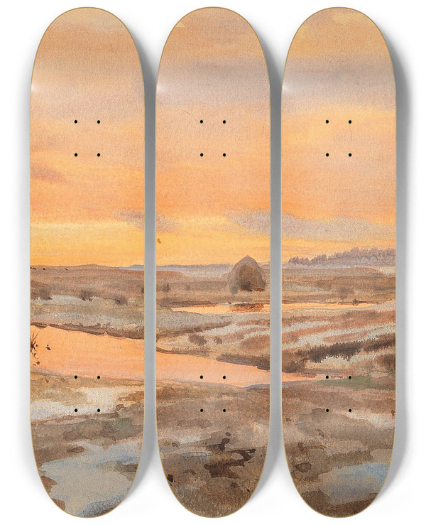 Triptych art skateboard deck of Albert Nikolaevich Benois Sunset On The Gulf Of Finland by Albert Nikolaevich Benois (1852-1936)