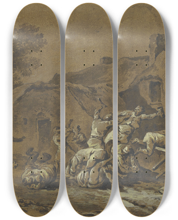 Triptych art skateboard deck of Marquard Wocher Rauferei Vor Einer Bauernschenke by Marquard Wocher (1760-1830)