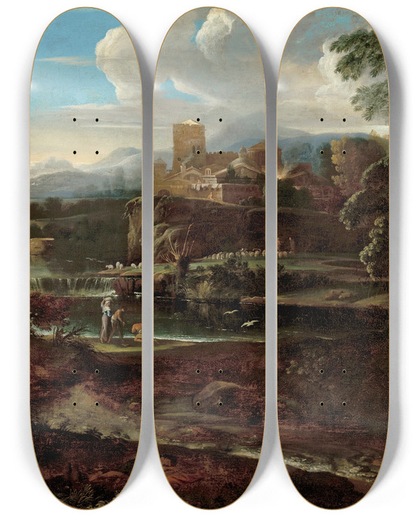 Triptych art skateboard deck of Giovanni Francesco Grimaldi Classical Landscape by Giovanni Francesco Grimaldi (1606-1680)