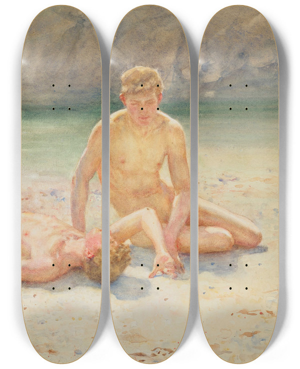 Triptych art skateboard deck of Henry Scott Tuke Bathing Group Noonday Heat by Henry Scott Tuke (1858-1929)