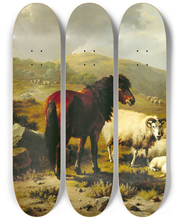 Triptych art skateboard deck of Eugne Joseph Verboeckhoven Landscape With Sheep by Eugene Joseph Verboeckhoven (1798-1881)
