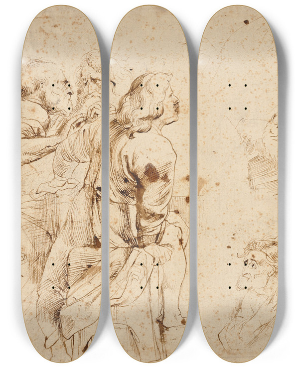 Triptych art skateboard deck of Peter Paul Rubens Three Groups Of Apostles In A Last Supper by Peter Paul Rubens (1577-1640)