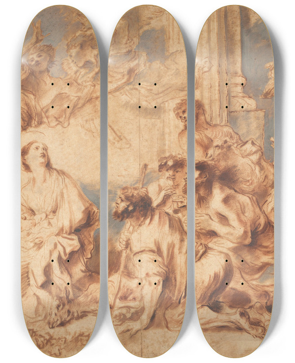Triptych art skateboard deck of Giovanni Benedetto Castiglione The Adoration Of The Shepherds by Giovanni Benedetto Castiglione (1609-1664)