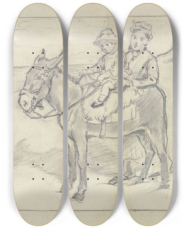 Triptych art skateboard deck of Otto Scholderer Mutter Mit Kind Auf Esel Am Strand by Otto Scholderer (1834-1902)