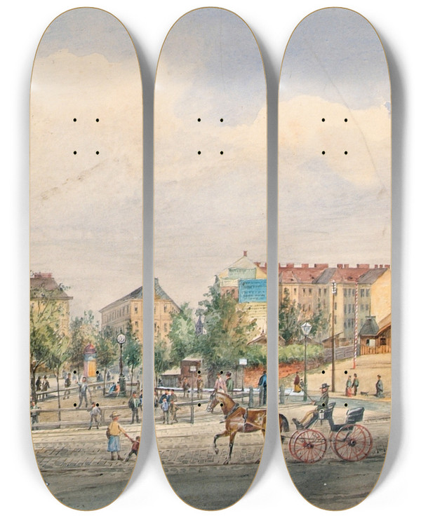 Triptych art skateboard deck of Ferdinand Weckbrodt Die Whringer Linie In Wien by Ferdinand Weckbrodt (1838-1902)