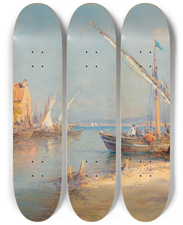 Triptych art skateboard deck of Henry Malfroy Motif Of Martigues by Henry Malfroy (1895-1944)