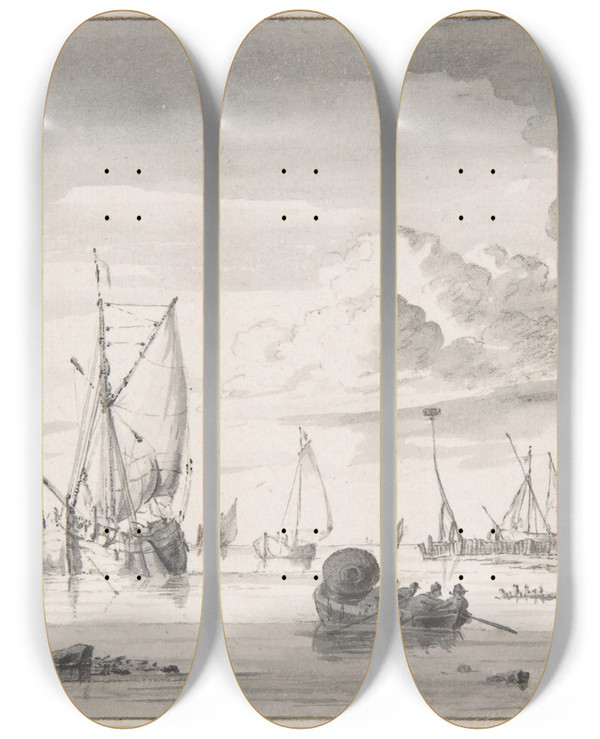 Triptych art skateboard deck of Wigerus Vitringa Various Ships And A Rowing Boat On An Estuary by Wigerus Vitringa (1657-1725)