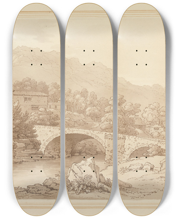 Triptych art skateboard deck of Joseph Farington Brathay Bridge_2 by Joseph Farington (1747-1821)