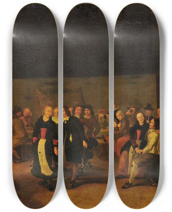 Triptych art skateboard deck of Gerrit Lundens Wedding Feast by Gerrit Lundens (1622-1686)