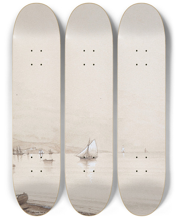 Triptych art skateboard deck of Ivan Konstantinovich Aivazovsky View Of A Bay With Numerous Sailingships by Ivan Konstantinovich Aivazovsky (1817-1900)