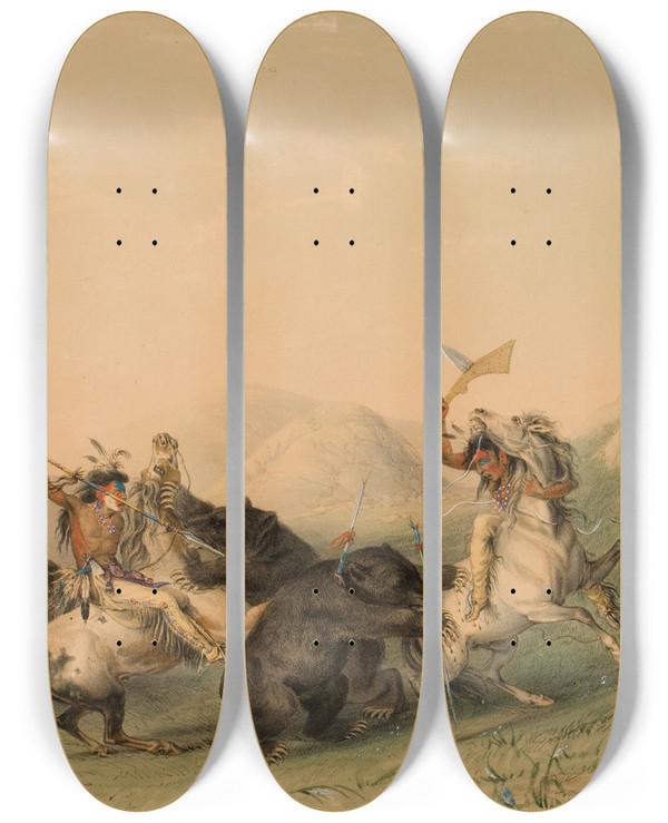Triptych art skateboard deck of George Catlin Attacking The Grizzly Bear by George Catlin (1796-1872)