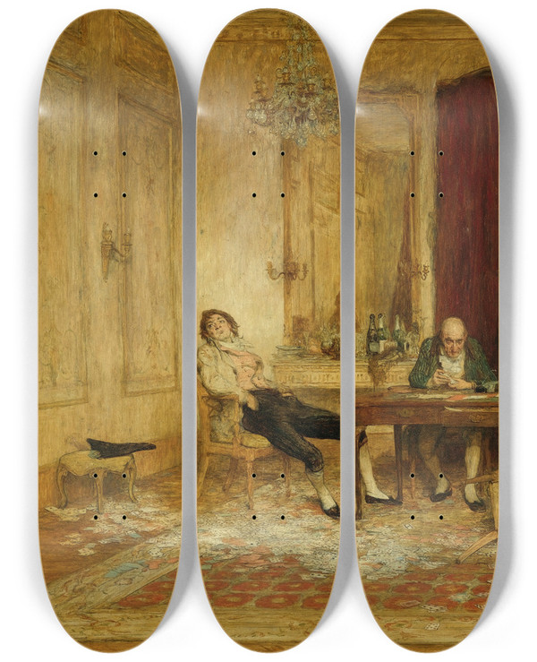 Triptych art skateboard deck of William Quiller Orchardson Hard Hit by William Quiller Orchardson (1832-1910)