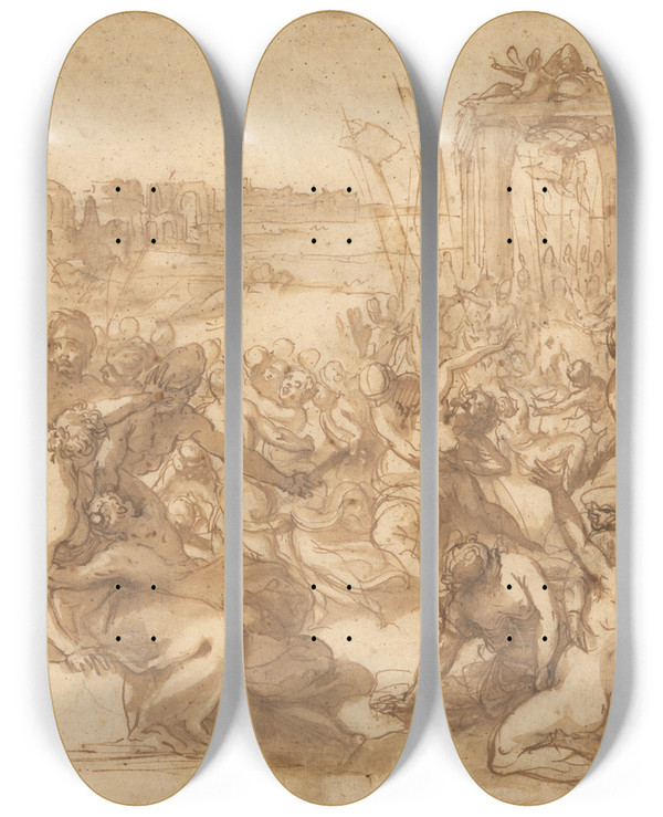 Triptych art skateboard deck of Hans Rottenhammer Rape Of The Sabines by Hans Rottenhammer (1564-1625)