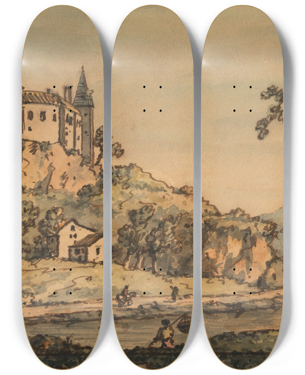 Triptych art skateboard deck of William Marlow Castle Overlooking A River by William Marlow (1740-1813)