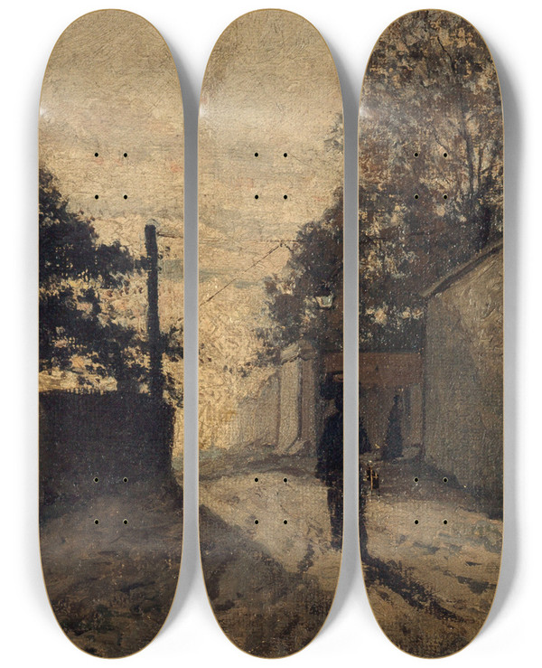 Triptych art skateboard deck of Edmond Charles Joseph Yon La Rue Saintvincent Montmartre by Edmond Charles Joseph Yon (1836-1897)