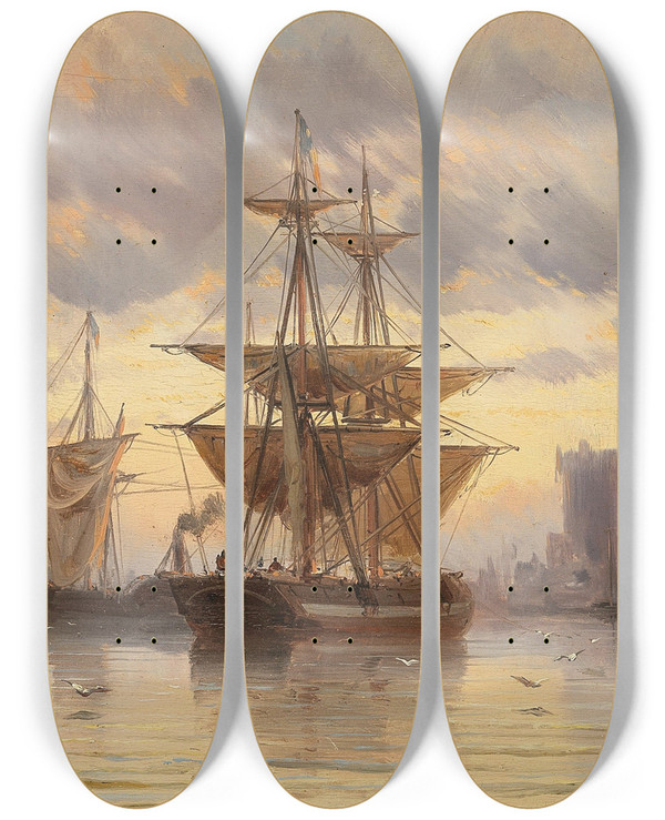 Triptych art skateboard deck of Carl Joseph Kuwasseg Sailing Ships In A Harbour by Carl Joseph Kuwasseg (1802-1877)