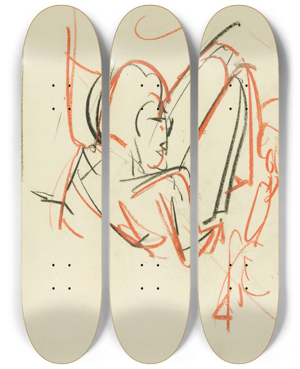 Triptych art skateboard deck of Albert Mller Figrliche Skizze Drei Personen by Albert Muller (1897-1926)